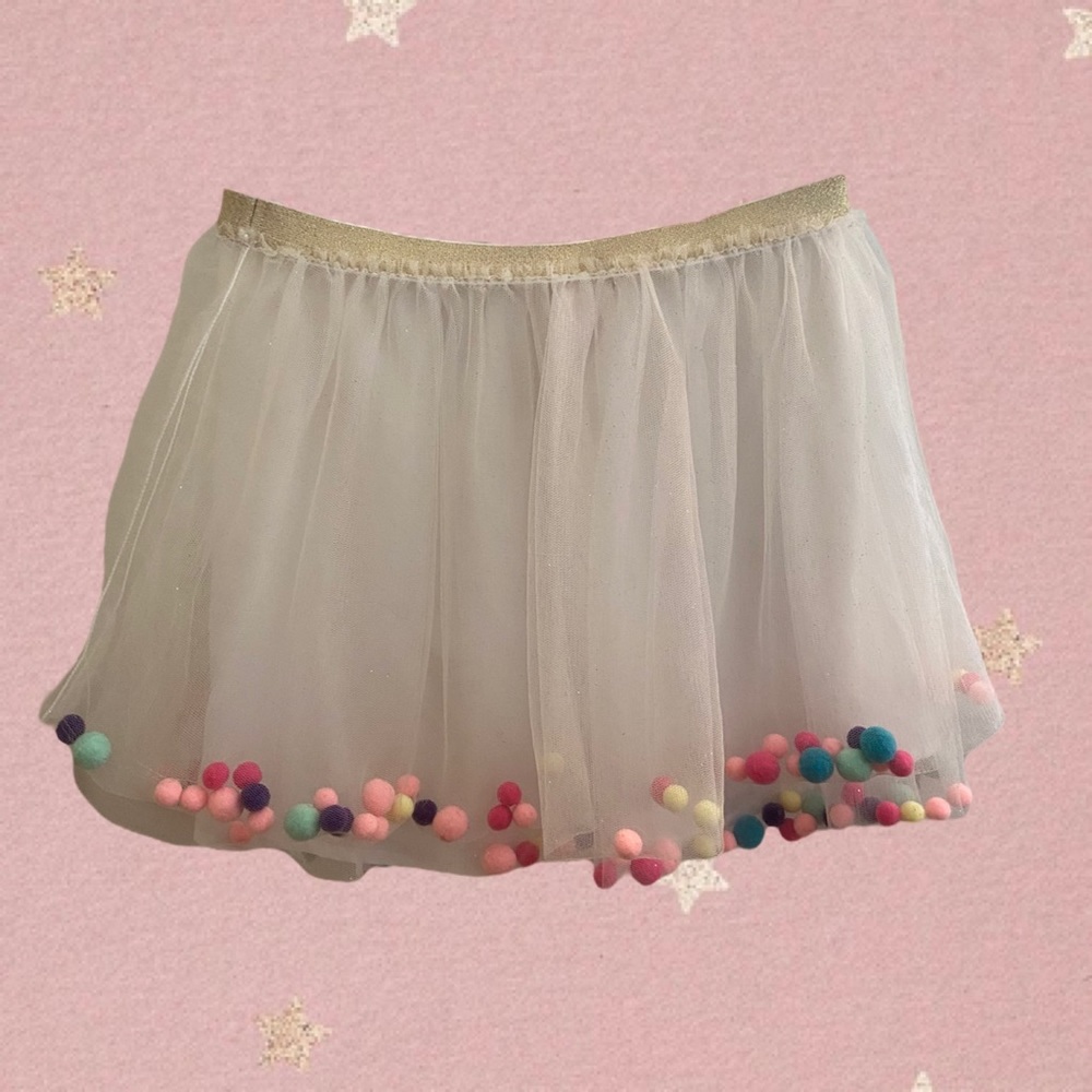 NWOT CAT & JACK WHITE TULLE AND GOLD GLITTER POM POM SKIRT XL 14/16